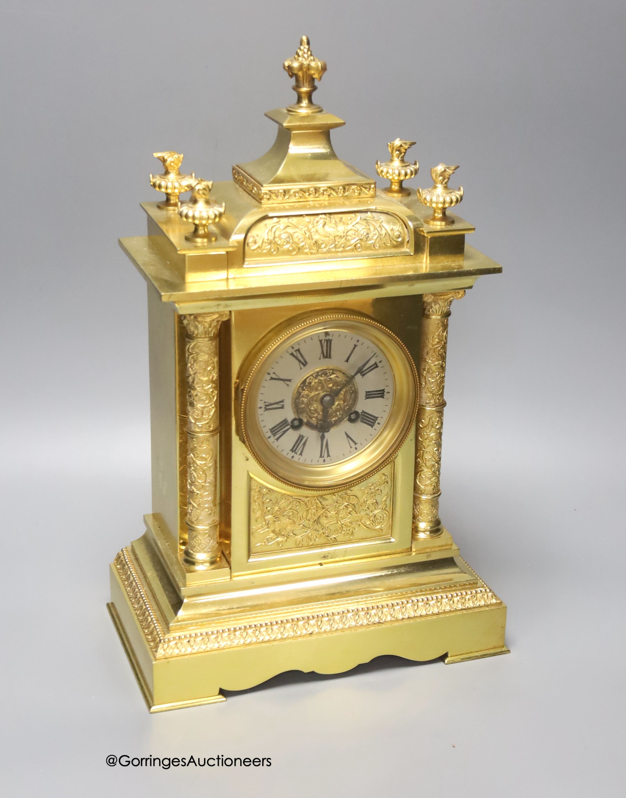 A Victorian architectural ormolu mantel clock, c.1860's, French gong striking movement, height 39cm